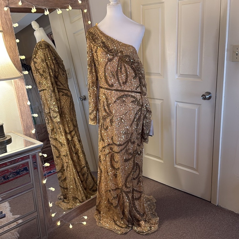 Mac Duggal Gold One Shoulder Dress - Picture 4 of 16